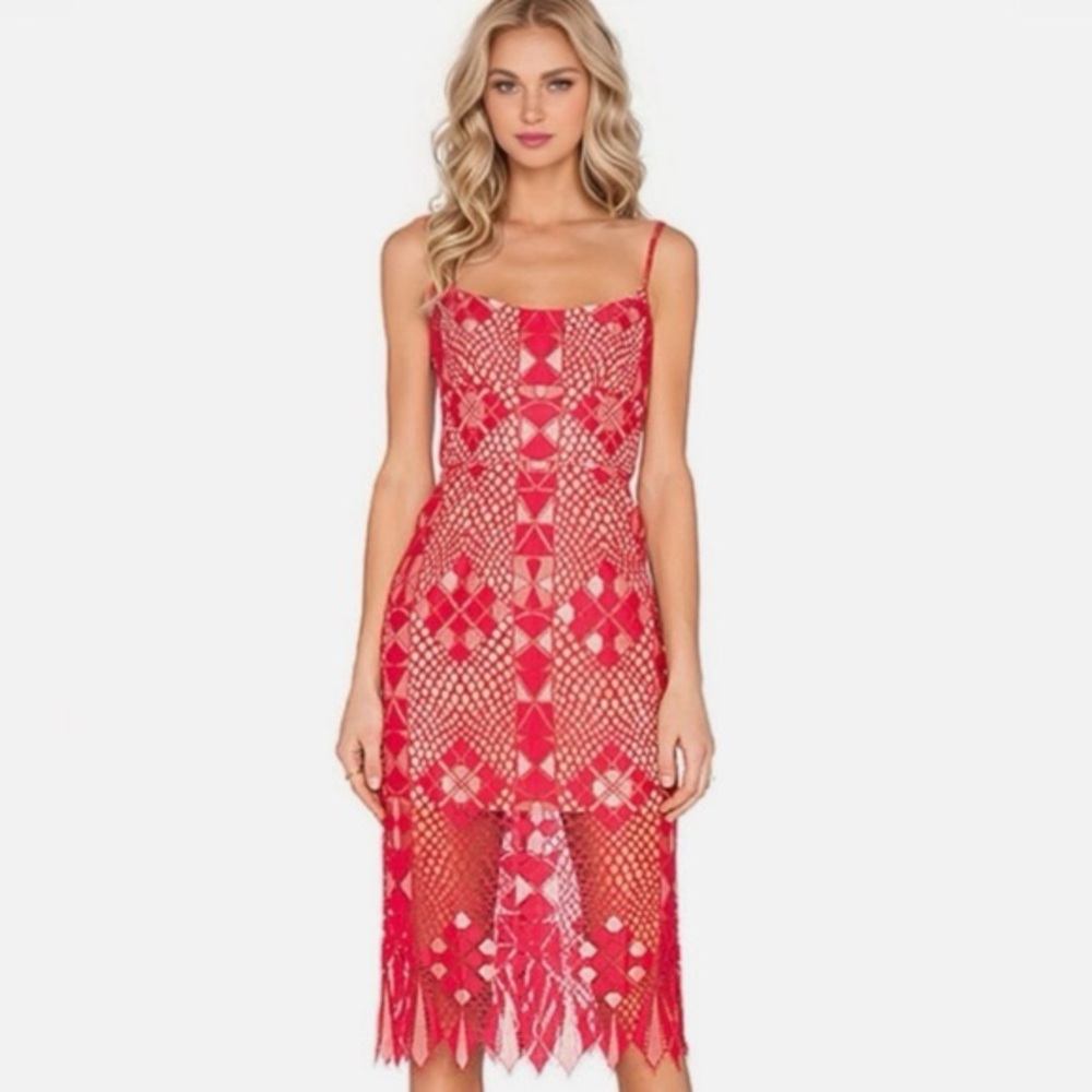 BCBGMaxAzria Vibrant Red Geometric Lace Midi Dress 6
